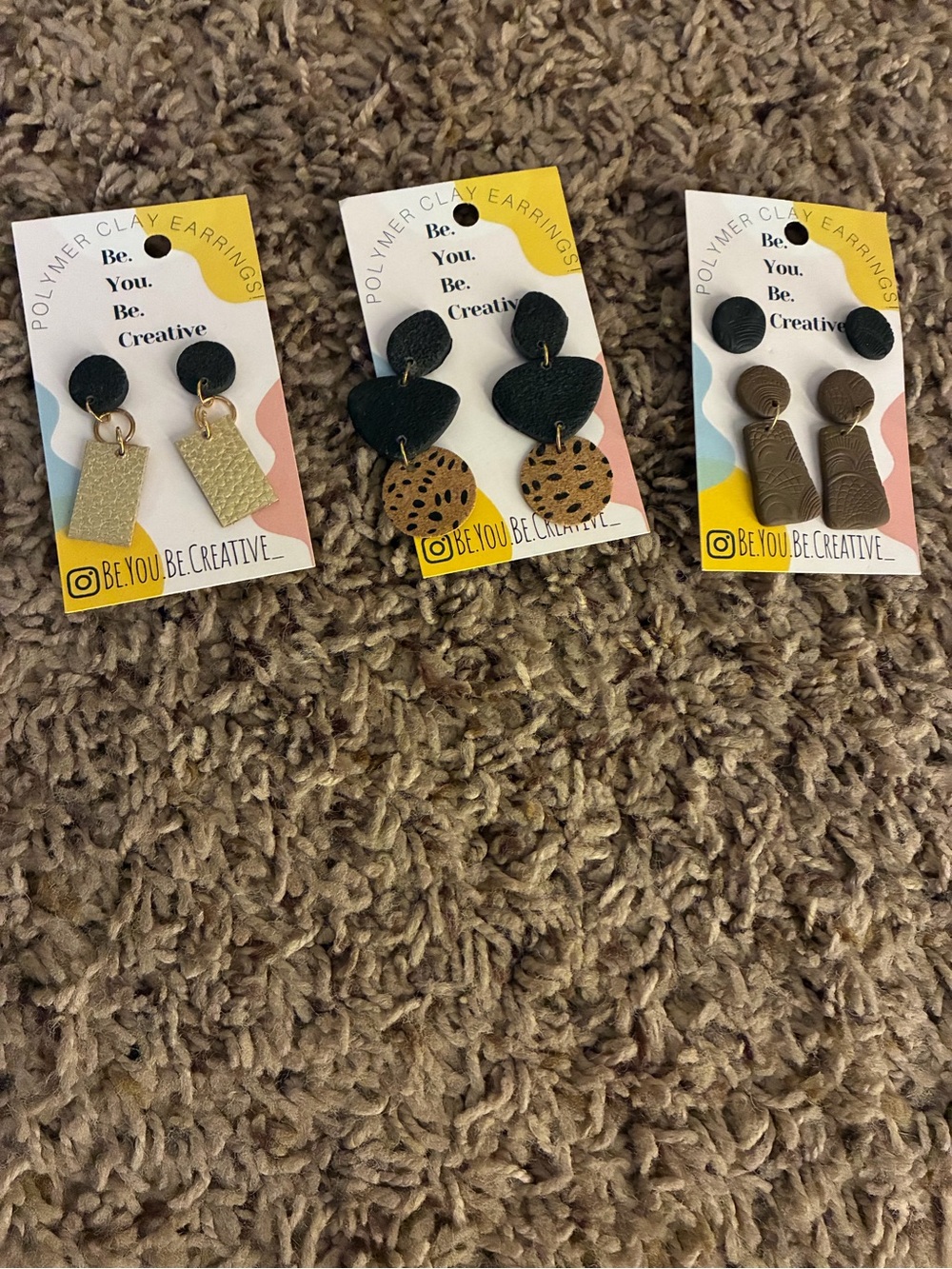 Handmade Trio: Gold, Black & Brown Polymer Clay Earrings